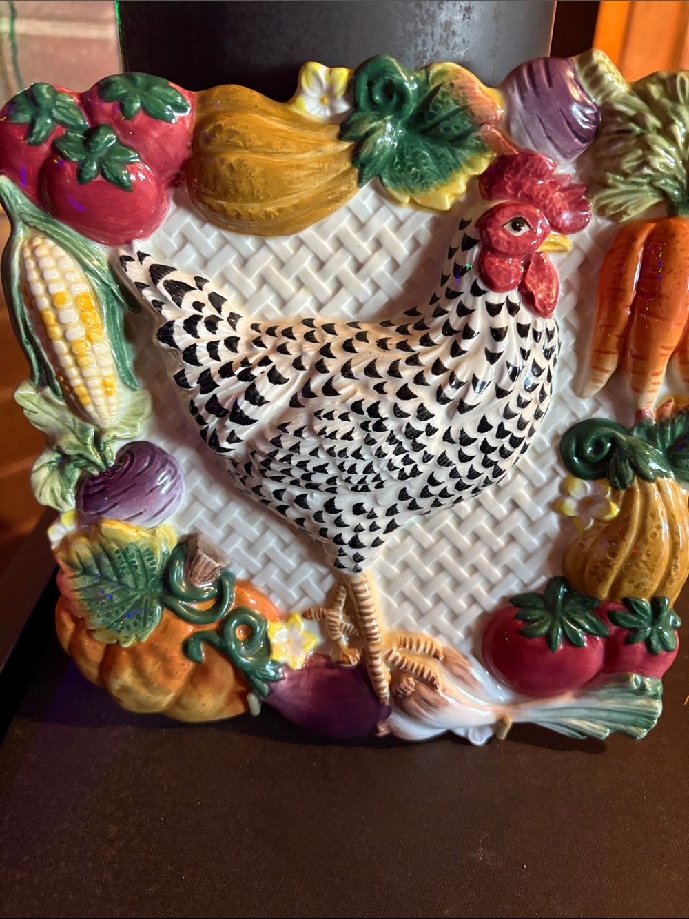Fitz & Floyd Decorative Ceramic Hen Wall Plaque with Colorful Vegetables Vintage
